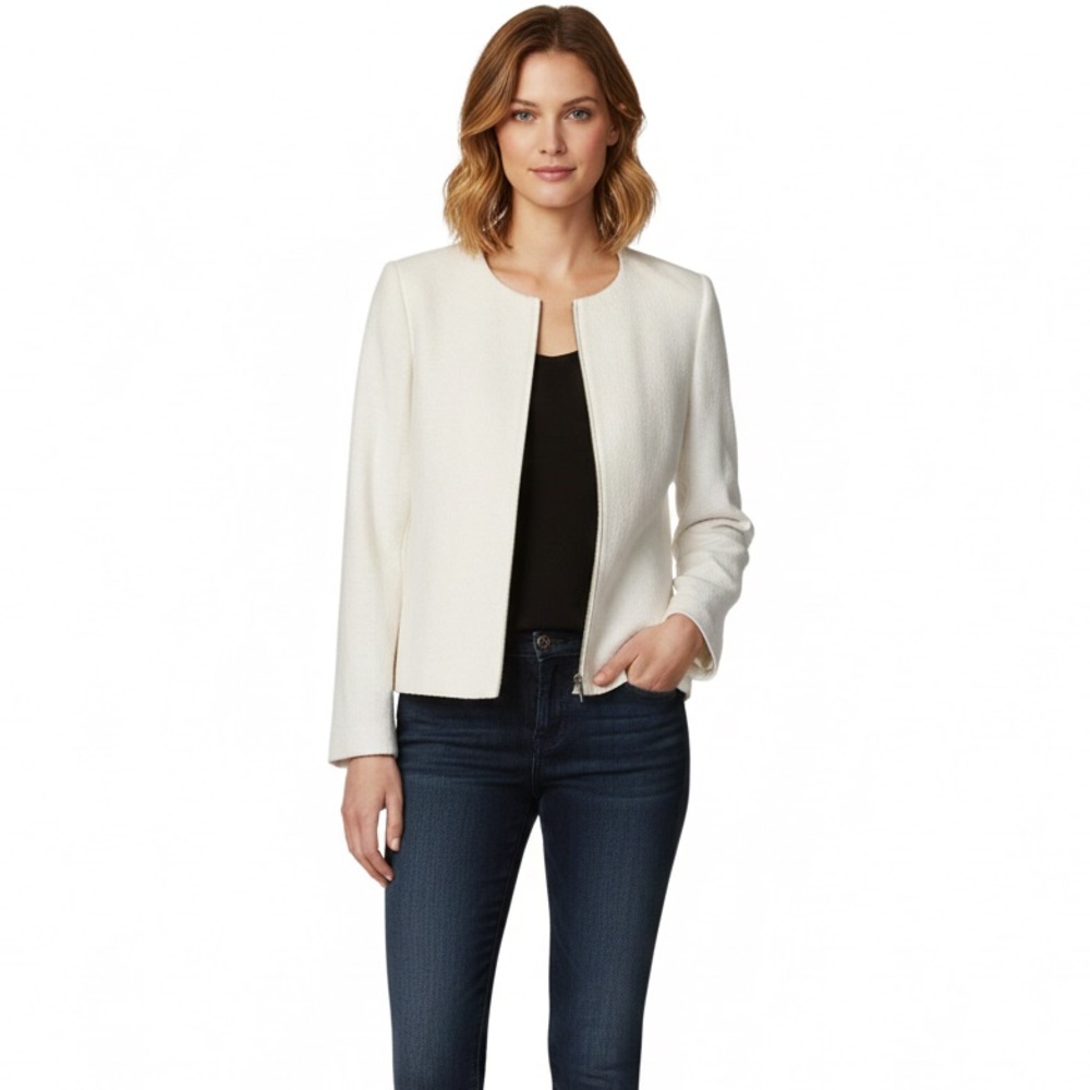 NWT Talbots Ivory Wool Blend Zip Front Jacket Blazer Size 16 Quiet Luxury
